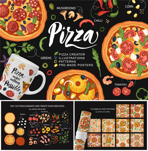 A0695矢量AI设计素材 卡通披萨菜单四方连续餐厅印花背景图+png