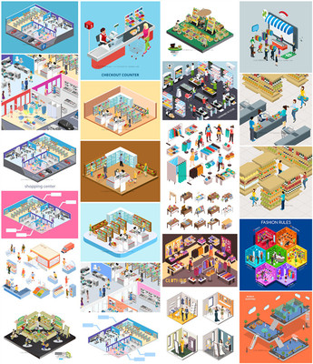 A0805矢量AI设计素材扁平化isometric超市商场服装蔬菜购物轴测图