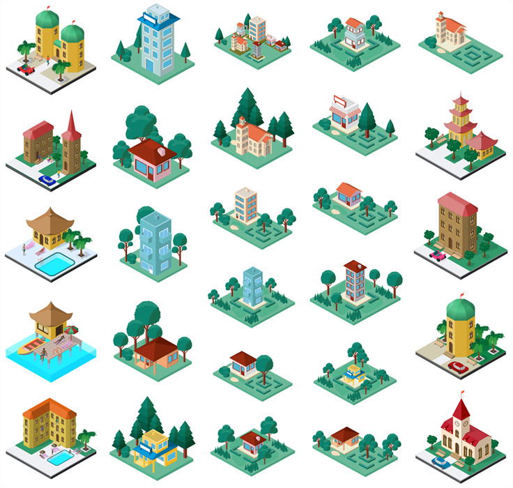 A0733矢量AI设计素材 复古风格独栋别墅卡通景观isometric轴测图