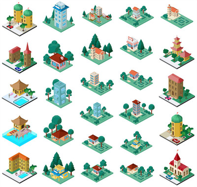 A0733矢量AI设计素材 复古风格独栋别墅卡通景观isometric轴测图