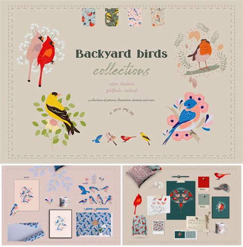 A0782矢量AI设计素材 复古花鸟知更鸟蓝鸟四方连续插画背景+png