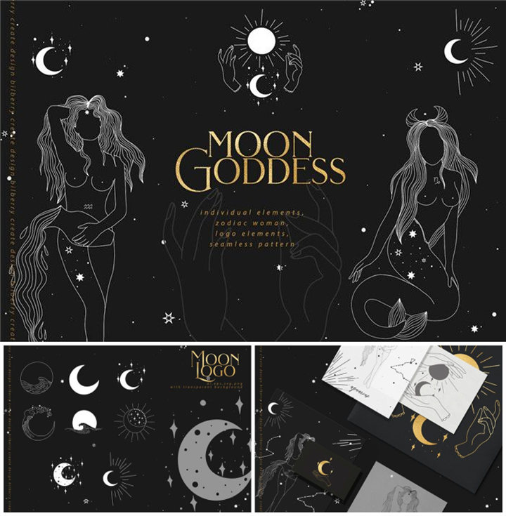 A0659矢量AI设计素材 月亮女神线稿星座logo四方连续背景图+png