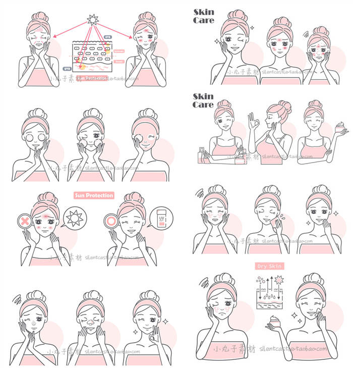 A0050矢量AI设计素材 卡通女孩化妆护肤补水面膜美容化妆步骤插画