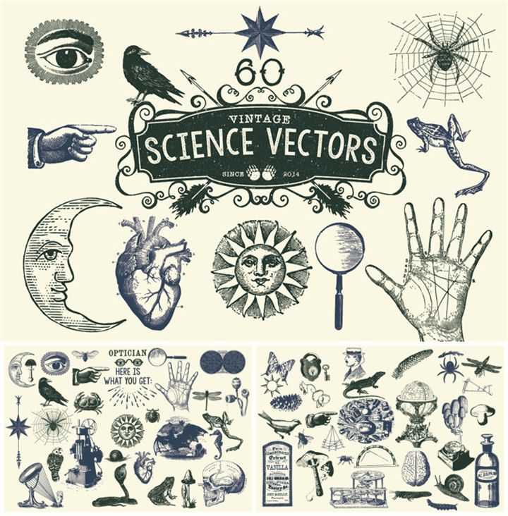 A0571矢量AI设计素材 60款复古老式科学史仪器主题插画线稿图