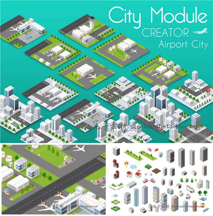 A0208矢量AI设计素材 扁平化轴测图城市机场建筑绿地场景+png+svg