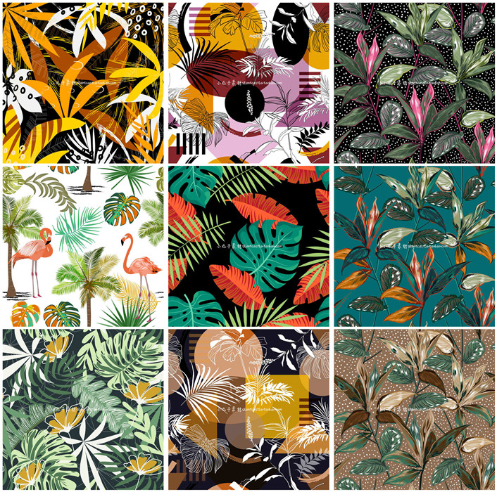 A0130矢量AI设计素材 热带植物树叶芭蕉棕榈火烈鸟四方连续背景图