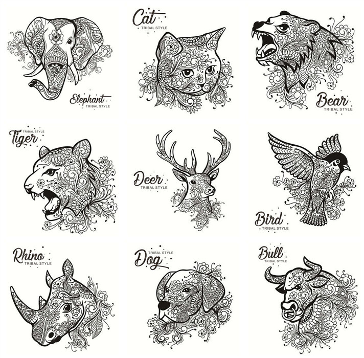 A0002矢量AI设计素材 花纹动物头像猫咪大象犀牛狗狗小鸟小鹿老虎