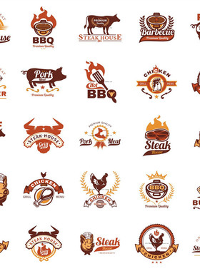 A0763矢量AI设计素材 25张烧烤BBQ牛排猪肉厨房烤鸡餐厅logo模板