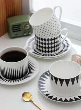 陶瓷咖啡杯碟套装北欧黑白几何欧式创意简约英式下午茶情侣陶瓷杯