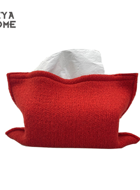 新年红色针织纸巾盒悬挂纸巾袋仿羊绒纯色软糯奶白纸巾套抽纸收纳