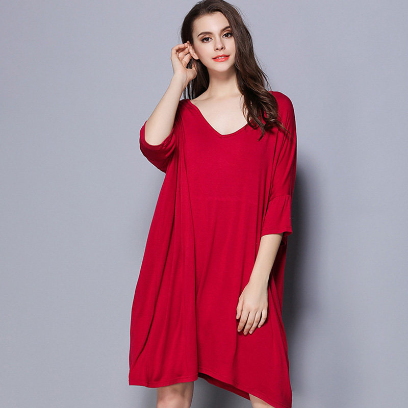 봄 여름 중간기장 티셔츠 드레스 중간소매 루즈한 나이트가운 모달 잠옷 플러스사이즈 플러스사이즈 홈복