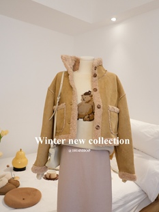 1014SHOP.韓國ins羊羔絨短外套皮毛一體冬季 加厚翻領(lǐng)上衣