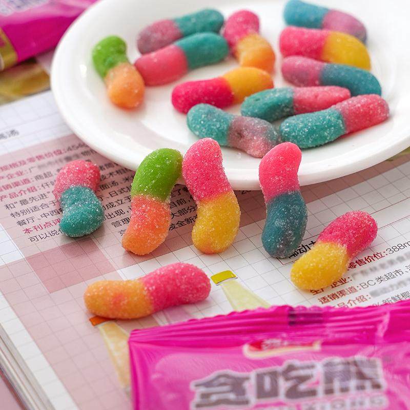 雅客贪吃熊七彩虫橡皮糖果汁软糖500g袋装休闲糖儿童网红零食糖果