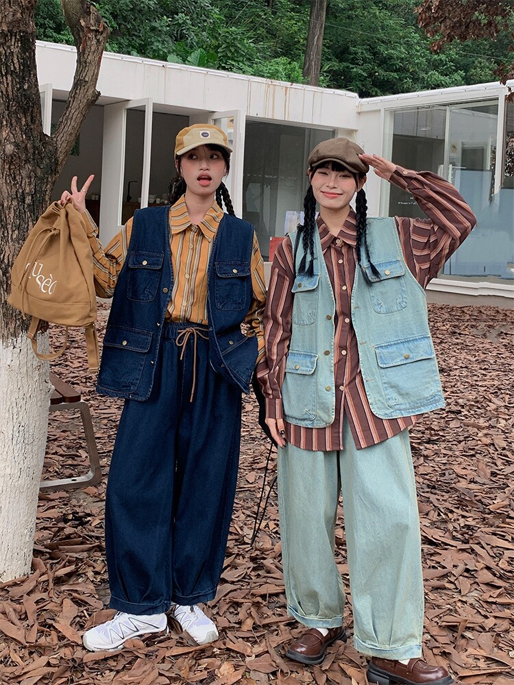 工装日系学院风背心宽松休闲小众口袋牛仔马甲牛仔裤子复古套装春