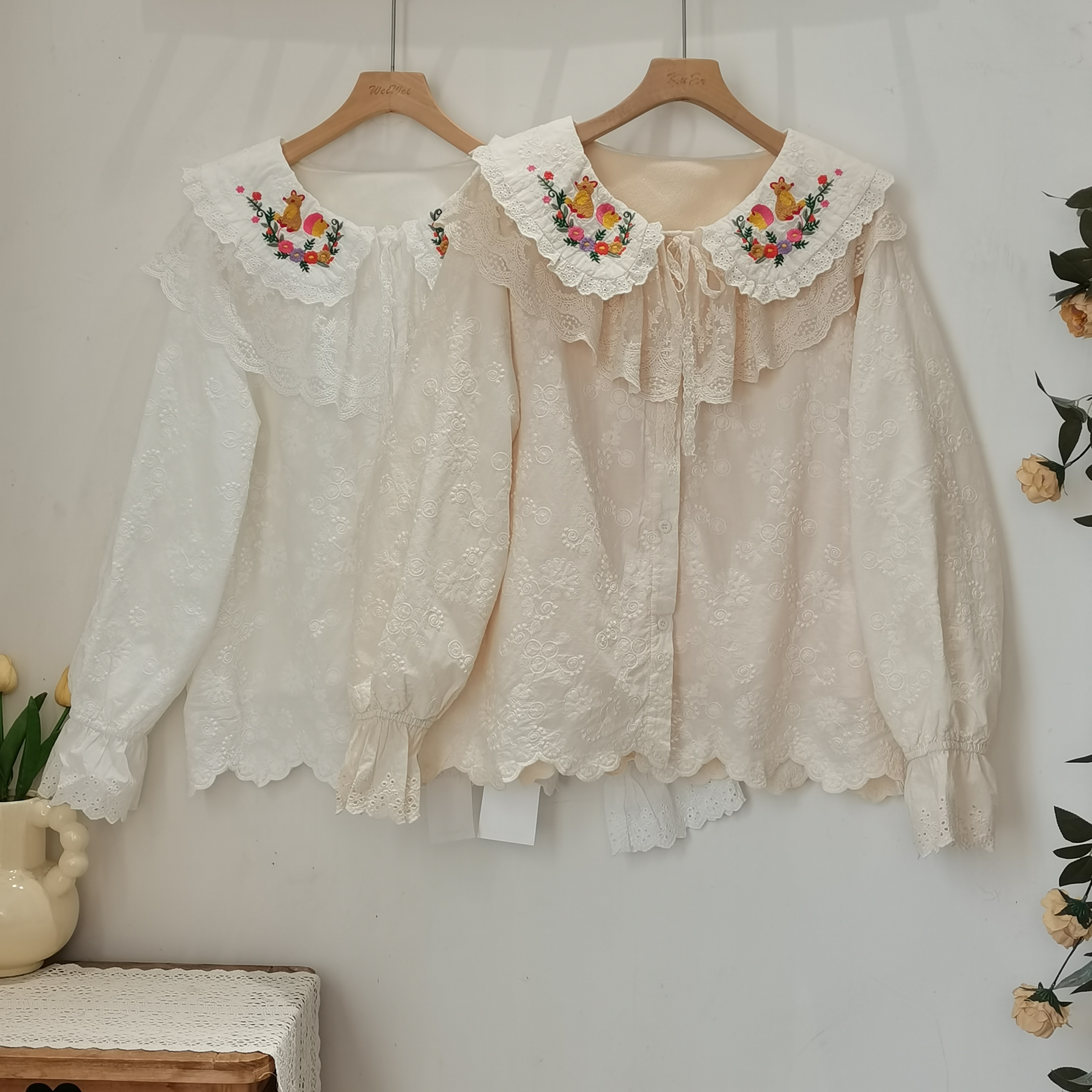 日系软妹森系复古荷叶边刺绣花朵大娃娃领宽松纯棉长袖加绒衬衫女
