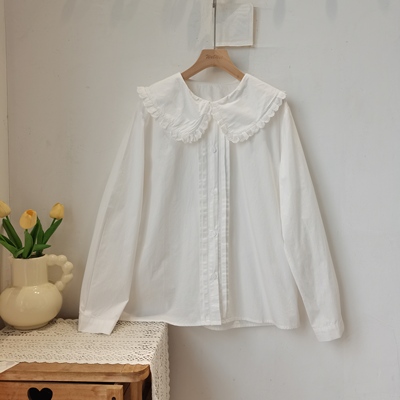 日系软妹衬衫少女娃娃领刺绣风琴褶衬衣春秋新学生减龄长袖白衬衫
