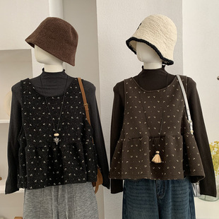 半高领内搭针织衫叠穿碎花蝴蝶结绑带毛呢背心女韩系打底衫两件套