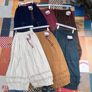 日系重工松紧腰拼接木耳边加绒阔腿裤秋冬新款松弛感森系纯棉裤子