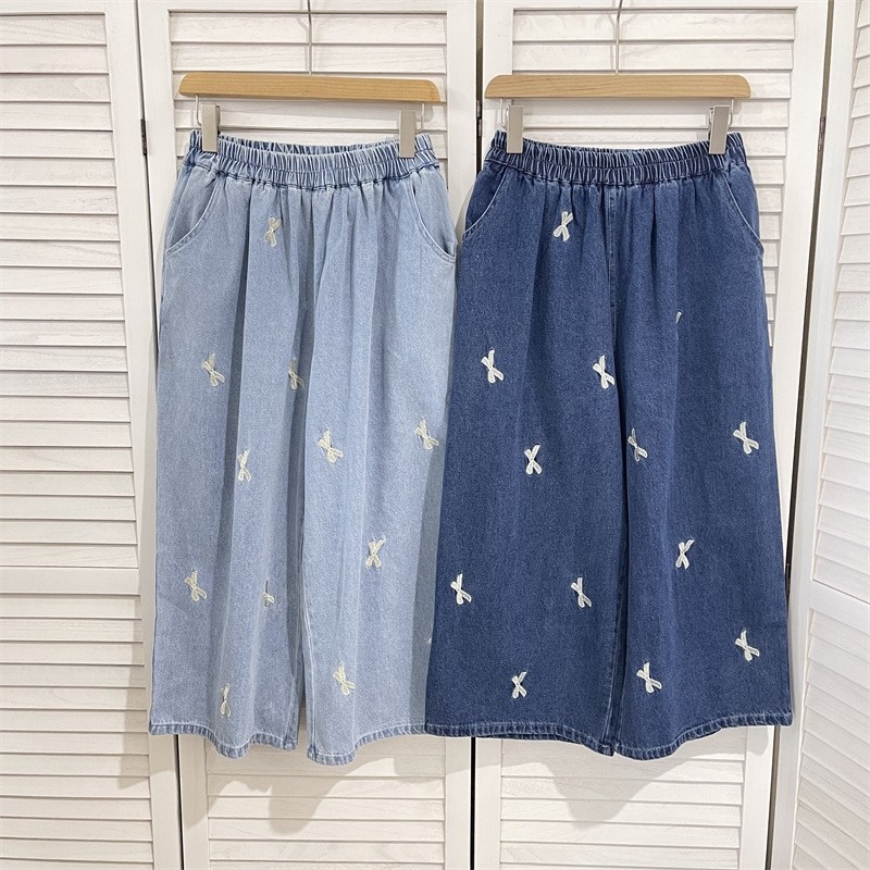 日系森女风少女感蝴蝶结刺绣牛仔裤八分九分阔腿裤软妹学生松紧腰,女装/女士精品,牛仔裤,淘宝优惠券,粉丝福利购,淘宝优惠卷