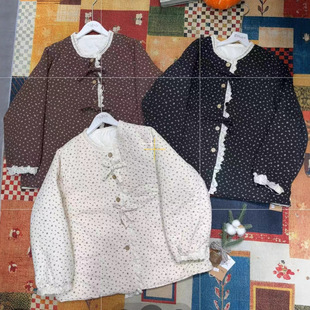 森系小清新复古文艺小碎花棉衣外套女蕾丝花边蝴蝶结日系棉麻棉衣