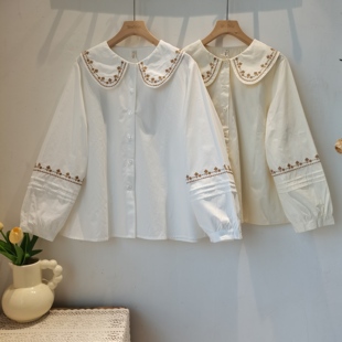 日系软妹lolita森系复古风琴褶刺绣娃娃领宽松纯棉灯笼袖 上衣 衬衫