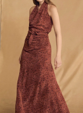 西班牙性感海贝壳真丝绑带长裙无袖系带优雅中长露背挂脖连衣裙