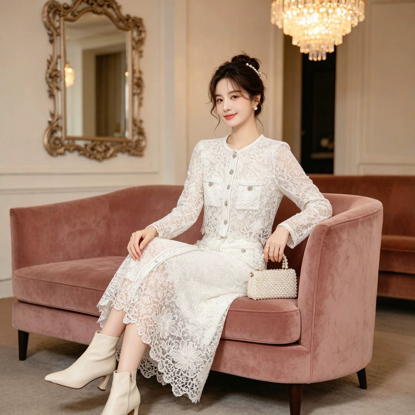 春款小香风蕾丝开衫半裙两件套