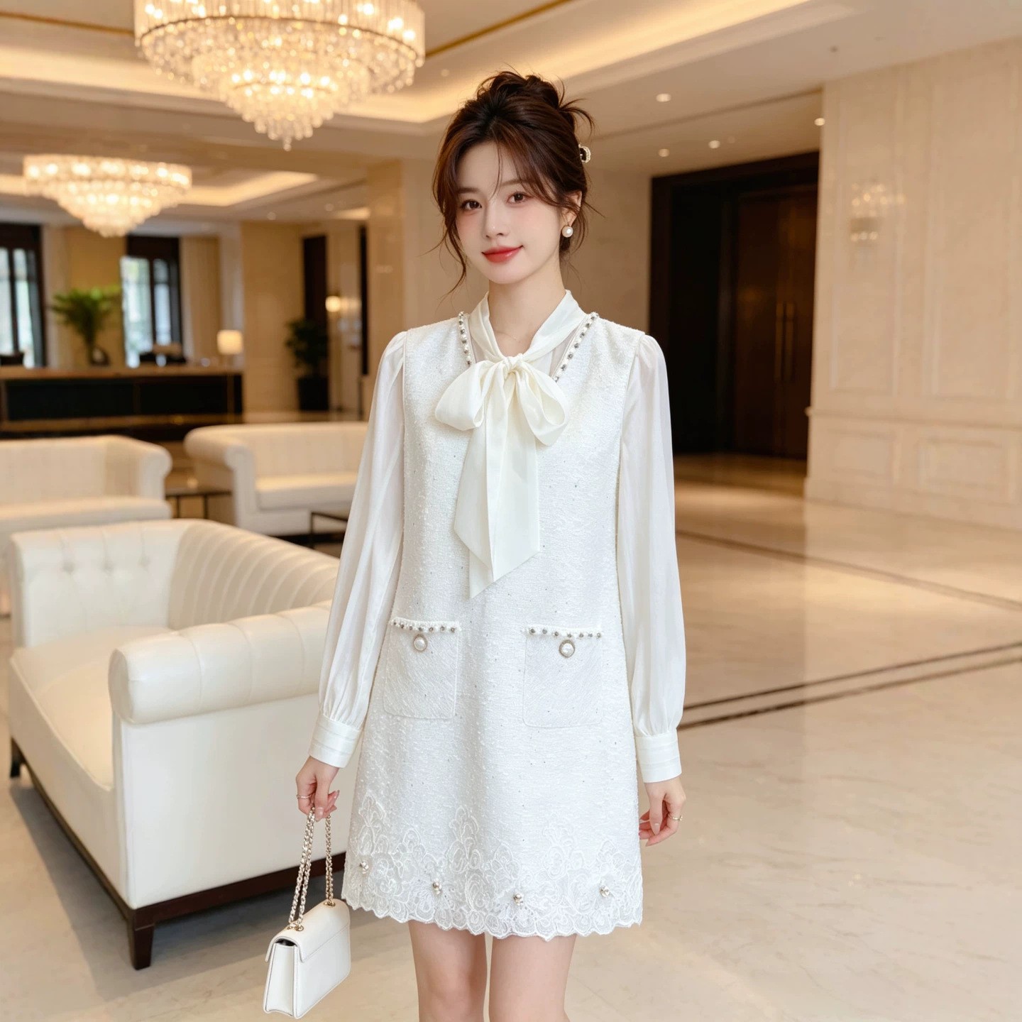 南油小香风套装女 2026秋季蝴蝶结衬衫蕾丝花边马甲连衣裙两件套