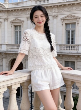 2026南油品质夏法式白色蕾丝上衣女重工水溶镂空圆领中袖百搭小衫