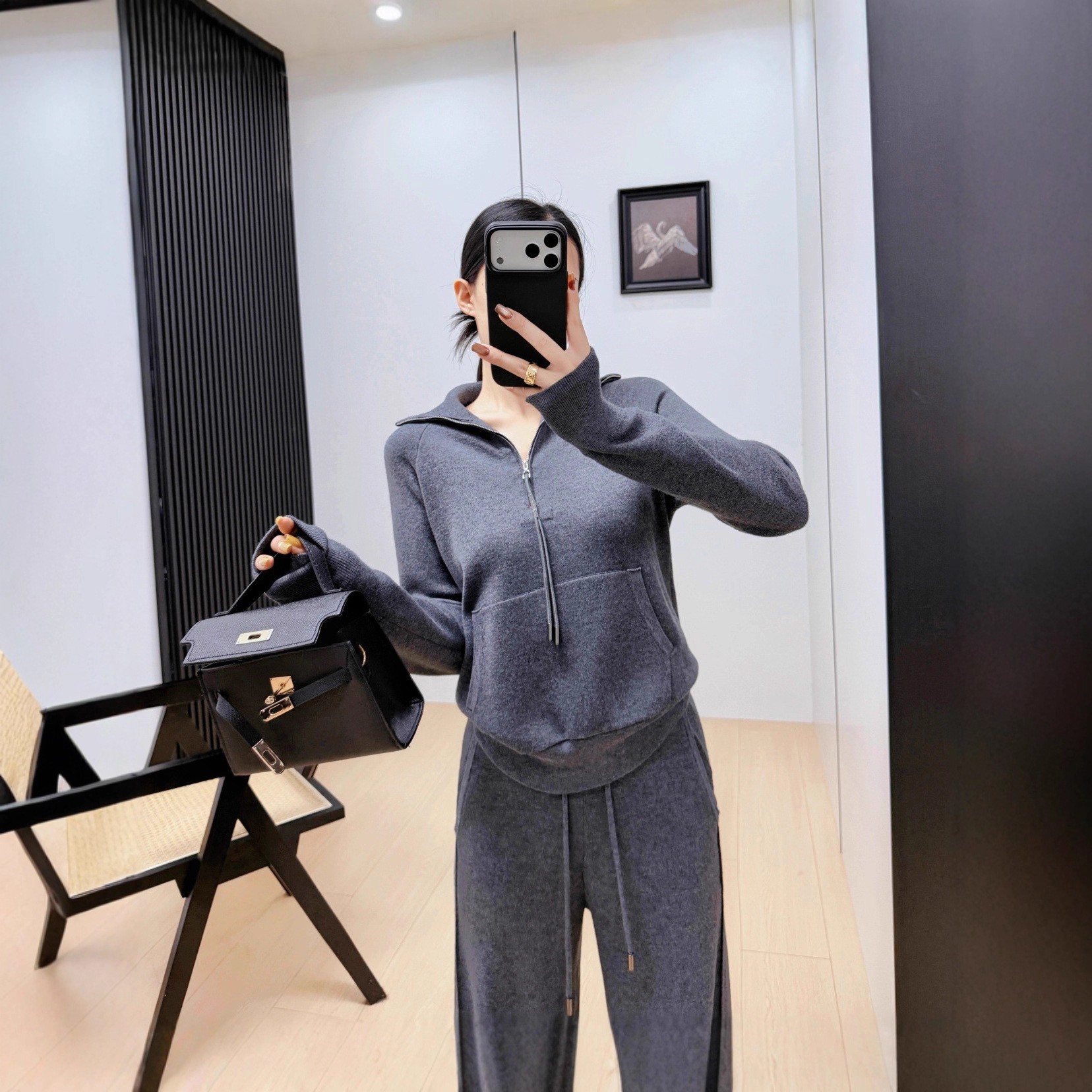 半拉链高端连帽针织休闲套装新款