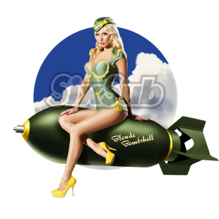 Blonde Bombshell金发碧眼 pin up girl 飞弹摩托复古车贴#120904