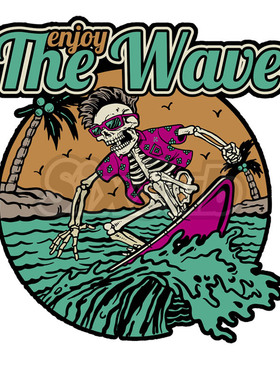 skeleton surfing on wave 冲浪板滑板度假反光镭射贴花#204016