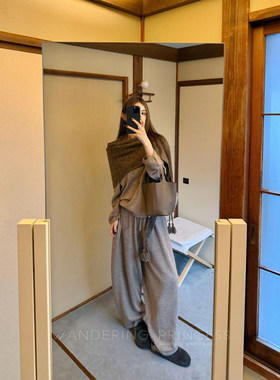 【淸T】14针双股48支100羊毛圆领针织衫上衣/休闲阔腿裤披肩套装