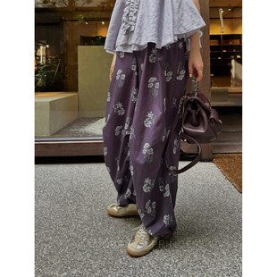 钱美西 民族风高腰阔腿紫色碎花裤夏薄款宽松遮肉纯棉束脚九分裤