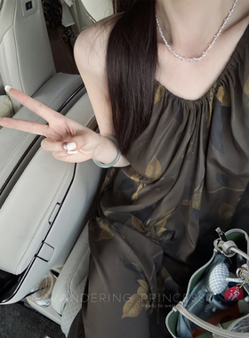 钱美西 1oo桑蚕丝新中式植物印花清冷系榆树叶真丝无袖吊带连衣裙