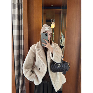 钱美西 100羊羔毛三层复合锁温环保皮毛一体泰迪翻领大衣气质外套