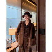 钱美西 女秋冬 慵懒宽松毛绒外套短款 850g牦牛绒手工钉珠开衫 毛衣