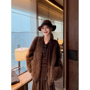 钱美西 850g牦牛绒手工钉珠开衫毛衣 慵懒宽松毛绒外套短款女秋冬