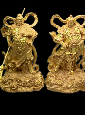 正宗小叶黄杨木精雕描金、韦陀，武财神关二爷摆件家居装饰品