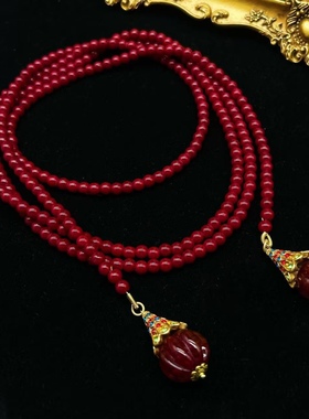 中古风vintage风复古宫廷风红色琉璃南瓜楞琉璃项链耳环套装