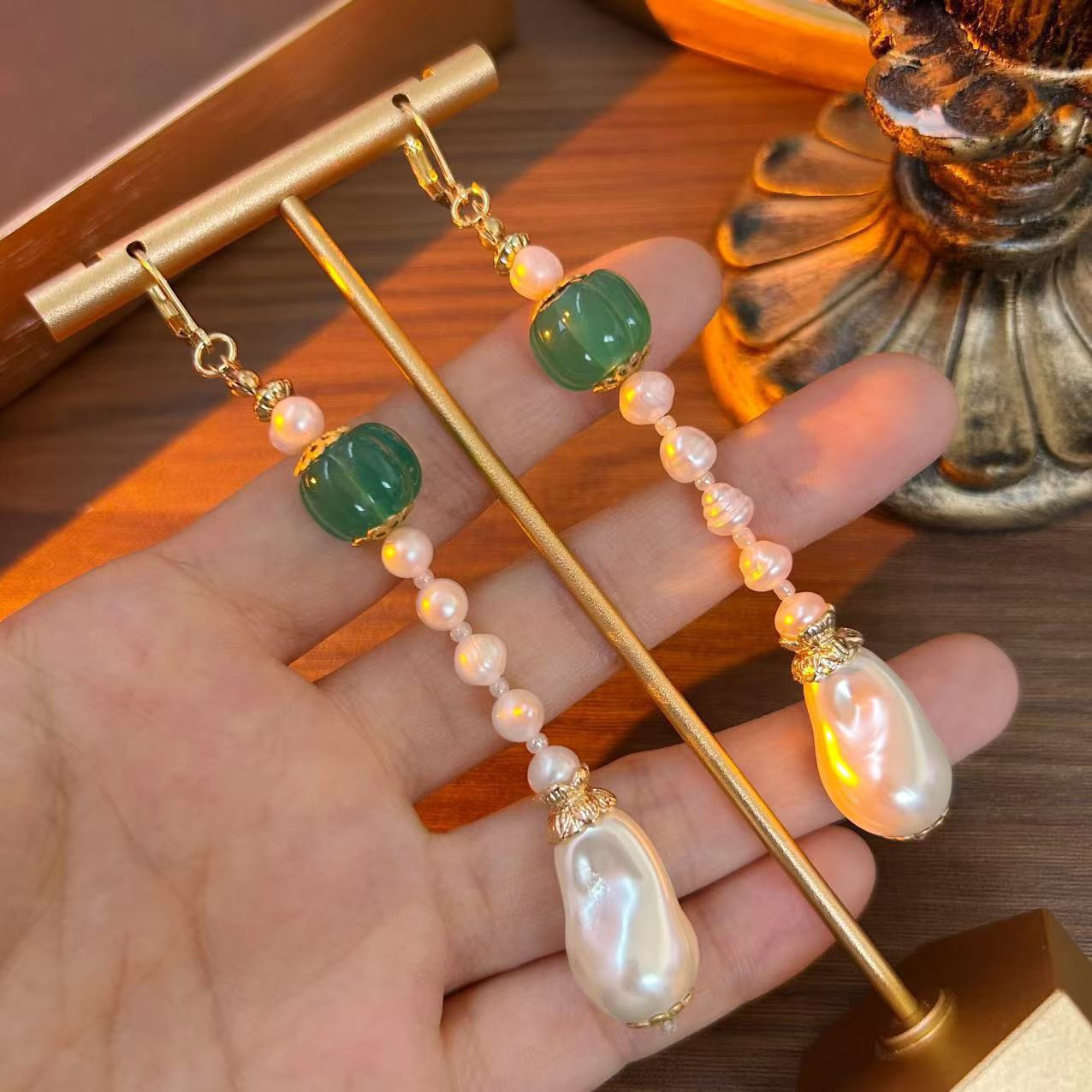 中古风vintage复古高级感小众设计感耳环耳饰仿珍珠南瓜楞琉璃