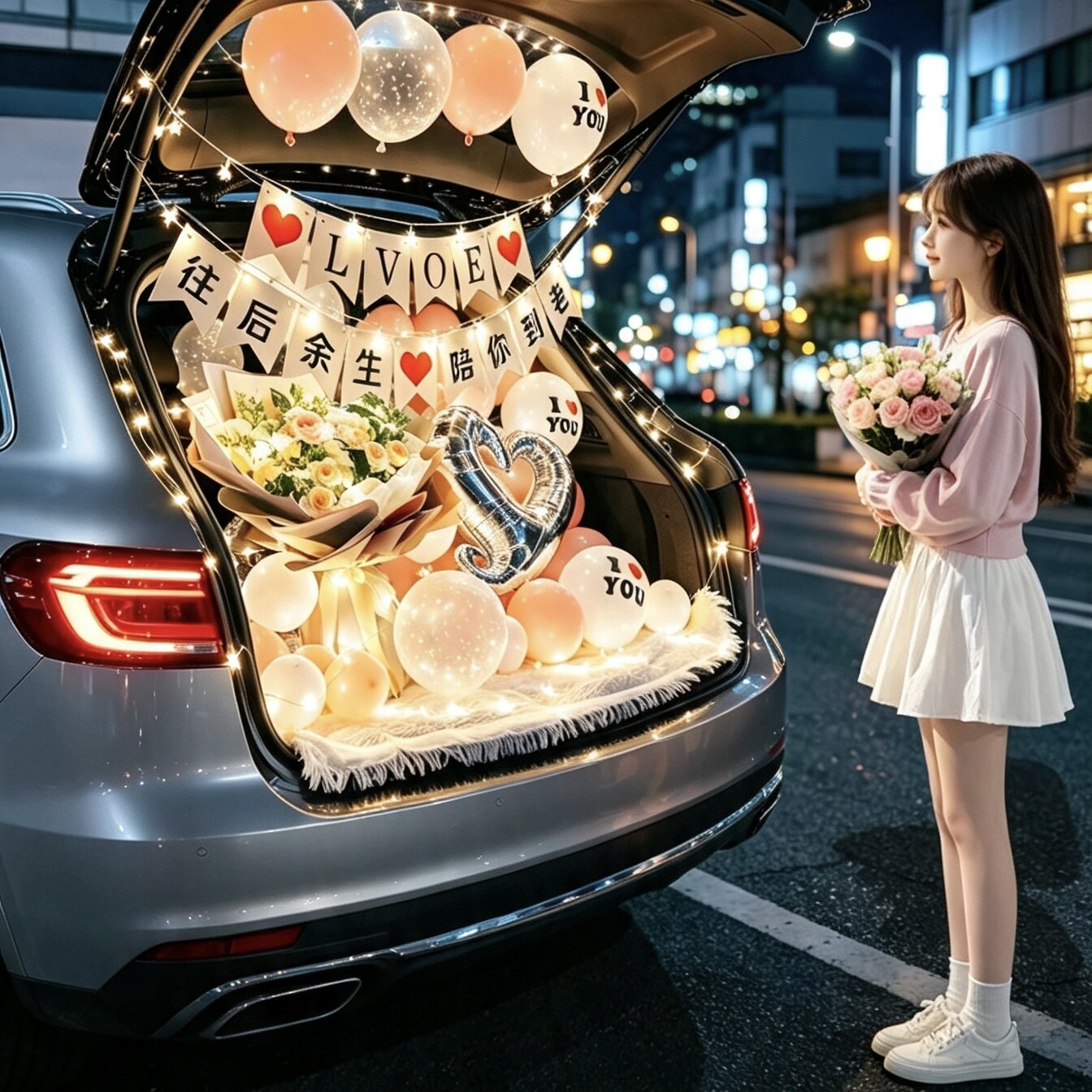 汽车后备箱惊喜布置生日快乐女儿气球