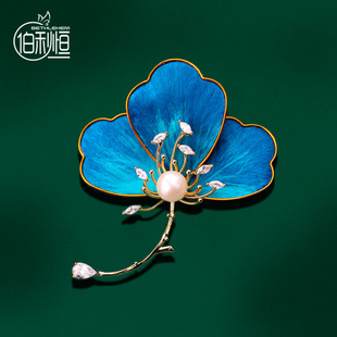 中式高档优雅蓝色非遗绒花银杏叶胸针气质镶石淡水珍珠叶子别针