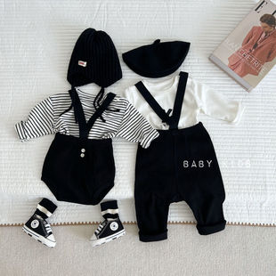 ins韩版男女宝宝条纹宽松短袖T恤黑色举重背带中裤包屁裤夏季套装
