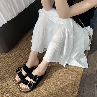 葡萄妈studiolee夏季 女ins 新款 平底一字带方扣厚底沙滩勃肯凉拖鞋