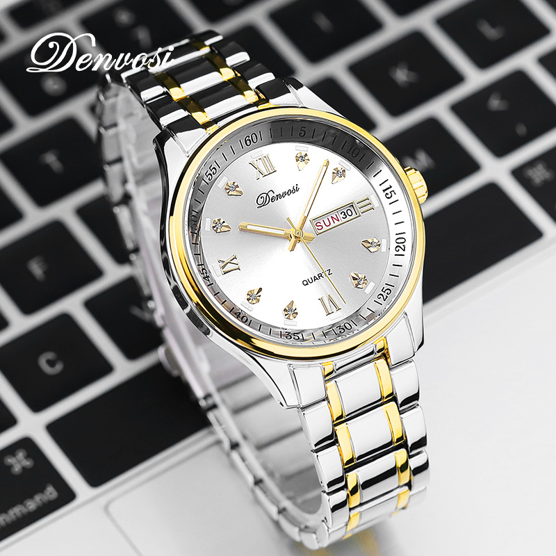 丹弗士男士手表简约实用双日历全自动石英防水时尚罗马刻度学生表