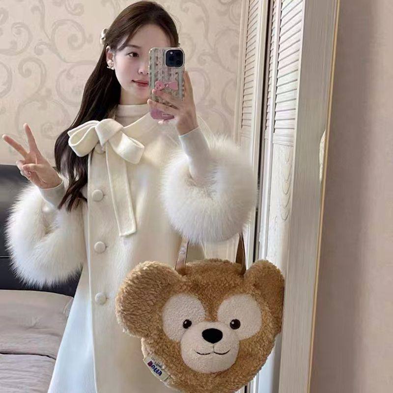 杏色复古英伦千金小香风蝴蝶结大毛领袖斗篷毛呢大衣女冬毛呢外套