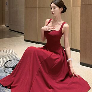 长裙 吊带红色连衣裙收腰子女显瘦新款 赫本高级法式 气质裙子夏季