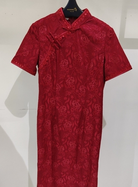 唯影WEIYING夏季新品女装丝缎连衣裙仿真丝纯色蕾丝旗袍242046