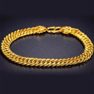18k色黄金色手链马鞭链男款时尚霸气古巴链实心坦克宽面老板手饰